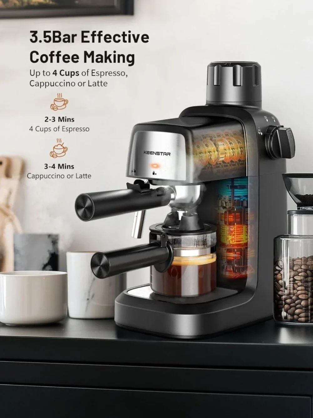 Compact 4-Cup Espresso Machine, 800W, 3.5 Bar Pressure, Preheat Function